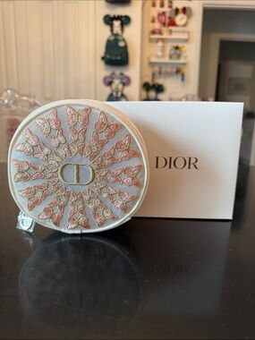 Dior Round Butterfly Embroidered Pouch in White, Pink and Gold